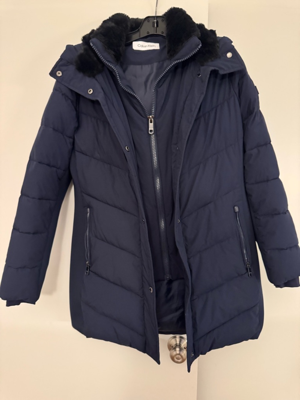 Calvin Klein Dark Navy Quilted Puffer Coat with Faux Fur Collar